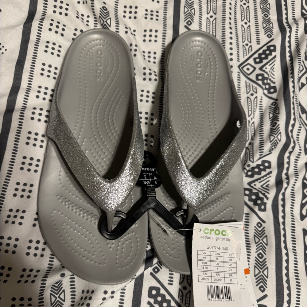 Silver glittery croc sandals